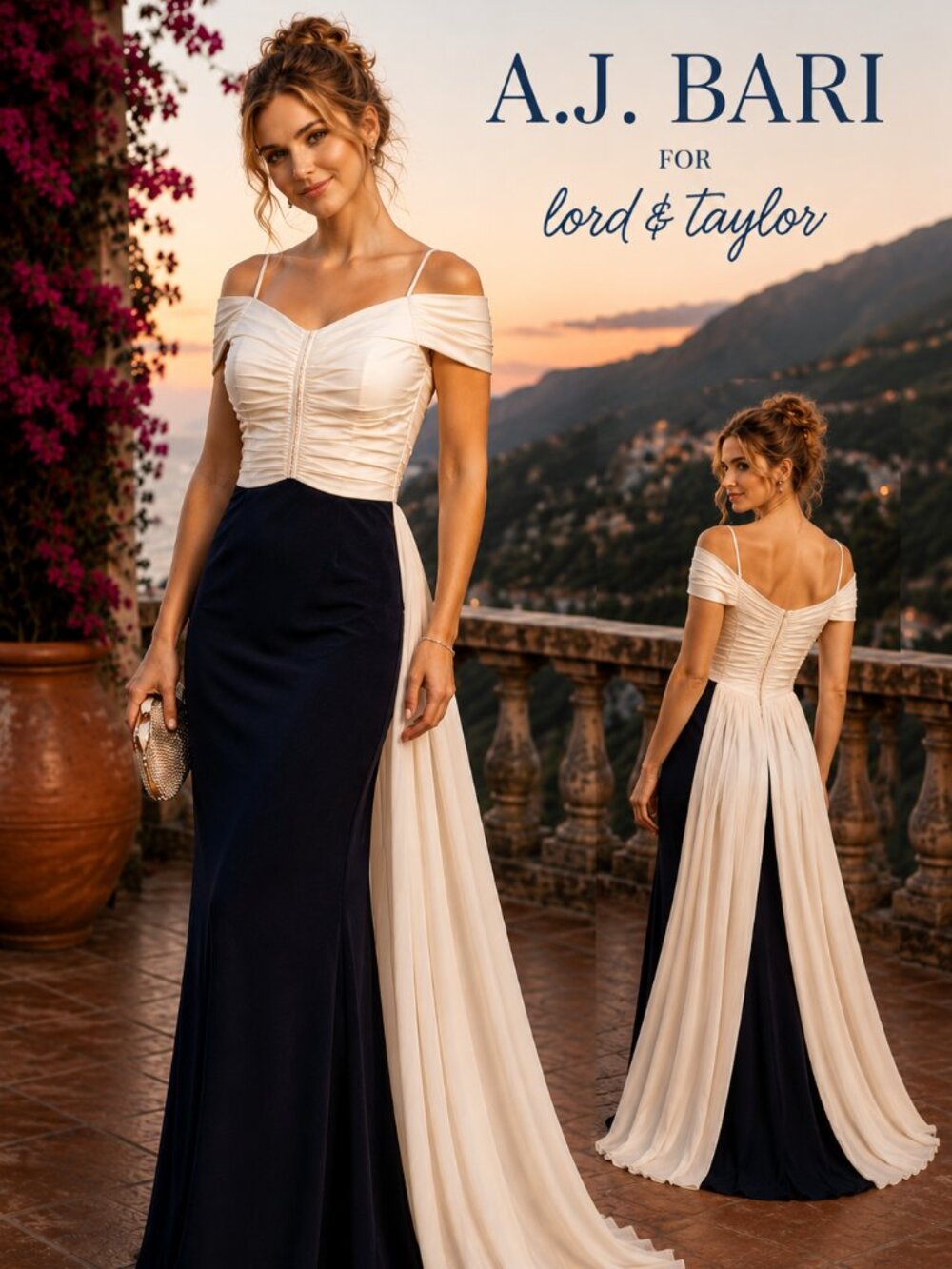 Vintage A.J. Bari Lord & Taylor Black Ivory Evening Gown Train Size 6